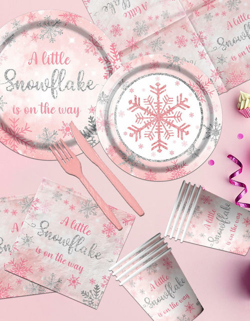 Load image into Gallery viewer, Winter Snowflake Plates &amp; Napkins Pink Baby Shower 20pcs Winter Wonderland
