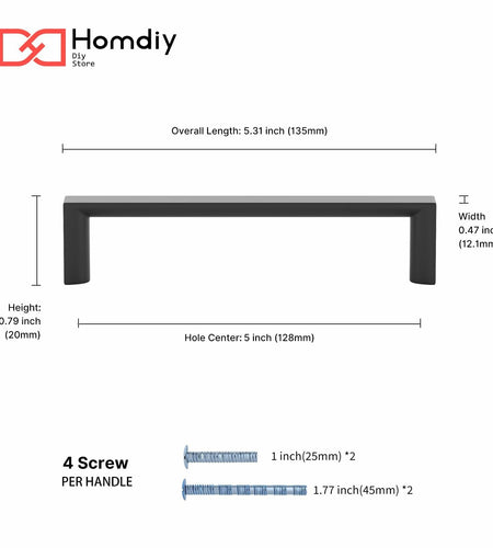 homdiy Cabinet Handles Matte Black 5in 128mm Hole Centers 25Pack
