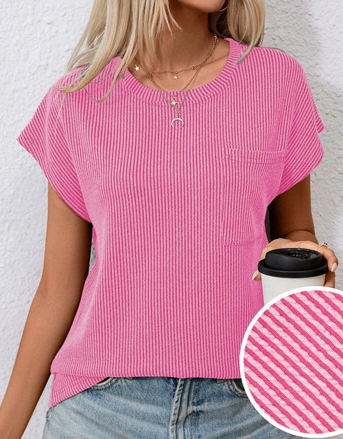 Load image into Gallery viewer, levaca Ribbed Cap Sleeve T Shirt with Front Pocket Blue Size S
