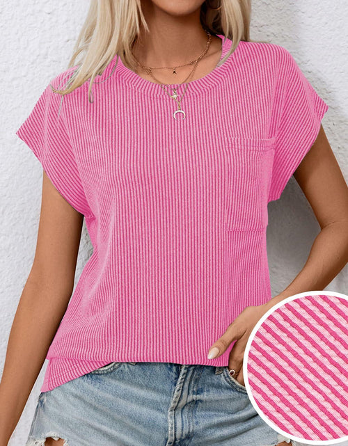 Load image into Gallery viewer, levaca Ribbed Cap Sleeve T Shirt with Front Pocket Blue Size S
