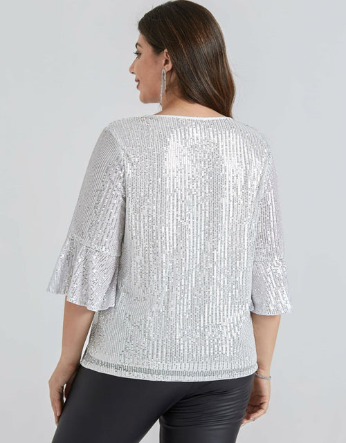 Load image into Gallery viewer, Hanna Nikole Plus Size Bell Sleeve V Neck Blouse Silver White Size 16Plus
