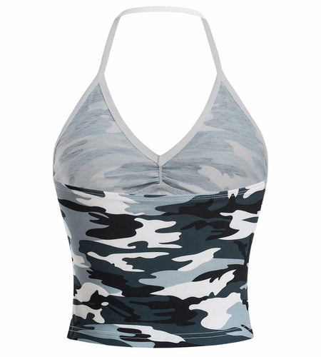 Women's Camo V Neck Sleeveless Crop Top Ruched Backless Dark Green Size M