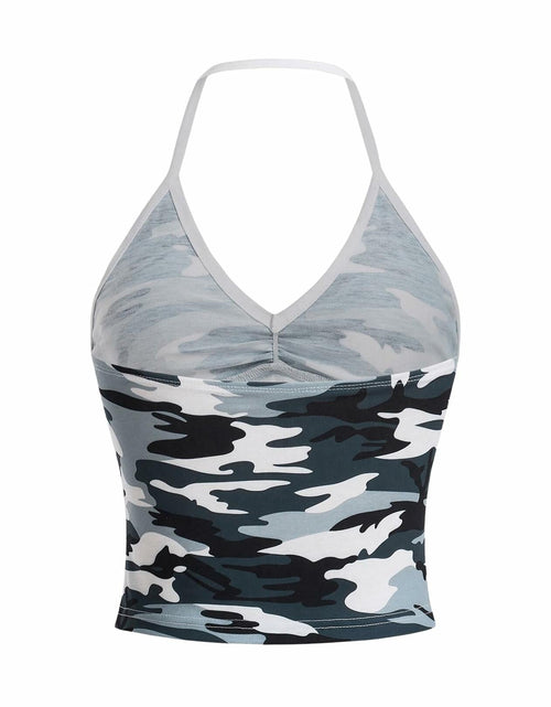 Load image into Gallery viewer, Women's Camo V Neck Sleeveless Crop Top Ruched Backless Dark Green Size M
