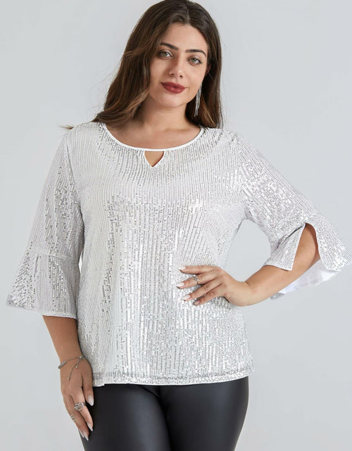 Load image into Gallery viewer, Hanna Nikole Plus Size Bell Sleeve V Neck Blouse Silver White Size 16Plus
