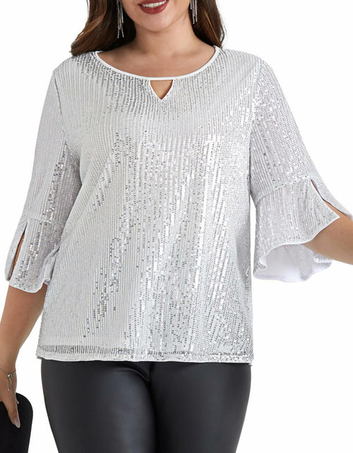 Load image into Gallery viewer, Hanna Nikole Plus Size Bell Sleeve V Neck Blouse Silver White Size 16Plus
