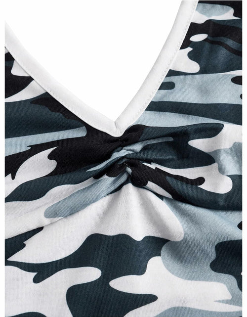 Load image into Gallery viewer, Women's Camo V Neck Sleeveless Crop Top Ruched Backless Dark Green Size M
