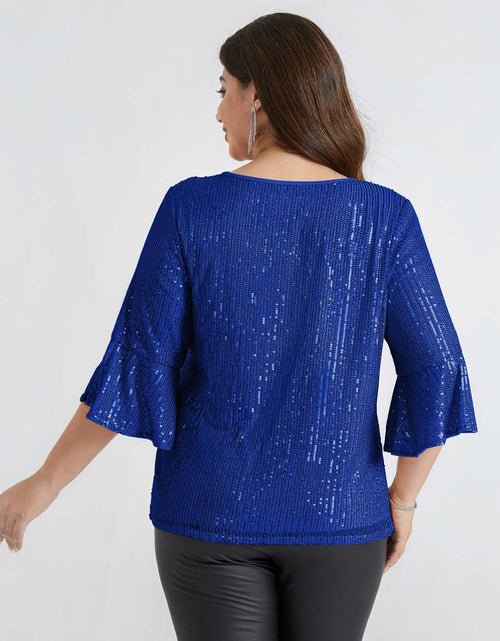 Load image into Gallery viewer, Hanna Nikole Sequin Ruffle Long Sleeve Wrap Blouse Blue Size 16Plus
