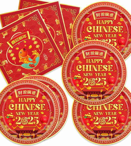 48pcs Chinese New Year 2025 Party Plates Napkins Decorations for 24 Guests