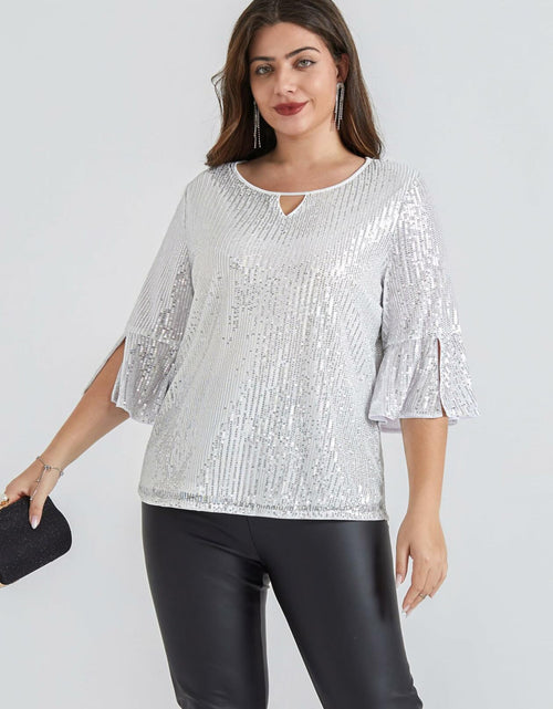 Load image into Gallery viewer, Hanna Nikole Plus Size Bell Sleeve V Neck Blouse Silver White Size 16Plus
