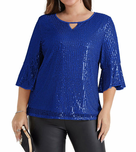 Hanna Nikole Sequin Ruffle Long Sleeve Wrap Blouse Blue Size 16Plus