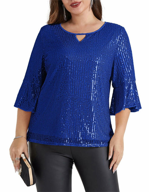Load image into Gallery viewer, Hanna Nikole Sequin Ruffle Long Sleeve Wrap Blouse Blue Size 16Plus
