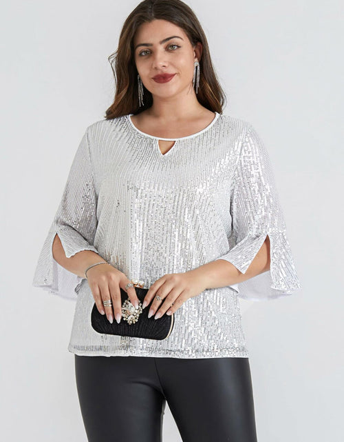 Load image into Gallery viewer, Hanna Nikole Plus Size Bell Sleeve V Neck Blouse Silver White Size 16Plus
