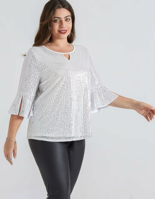 Load image into Gallery viewer, Hanna Nikole Plus Size Bell Sleeve V Neck Blouse Silver White Size 16Plus
