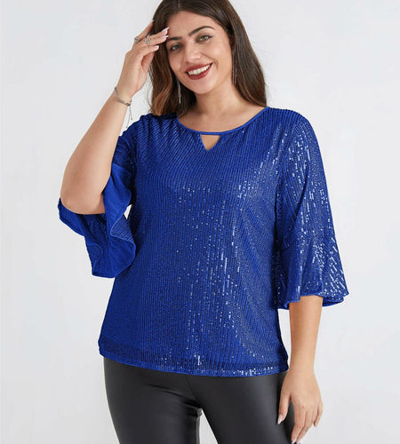 Hanna Nikole Sequin Ruffle Long Sleeve Wrap Blouse Blue Size 16Plus