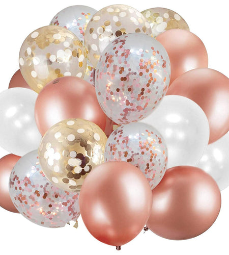 Dandy Decor 60 Pack 12in Rose Gold White Confetti Balloons with Ribbon