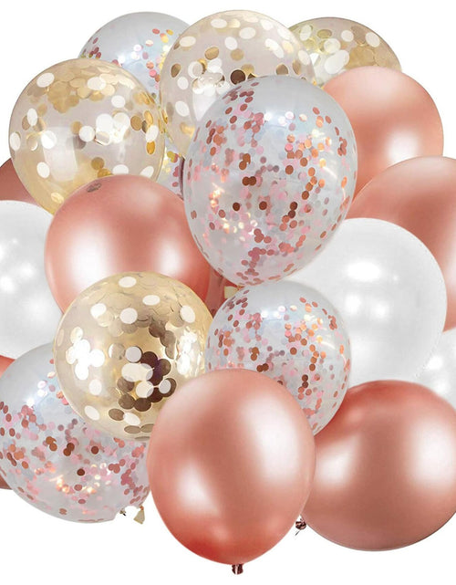 Load image into Gallery viewer, Dandy Decor 60 Pack 12in Rose Gold White Confetti Balloons with Ribbon
