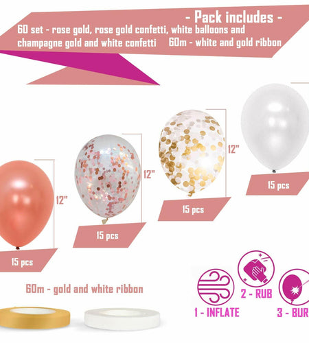 Dandy Decor 60 Pack 12in Rose Gold White Confetti Balloons with Ribbon