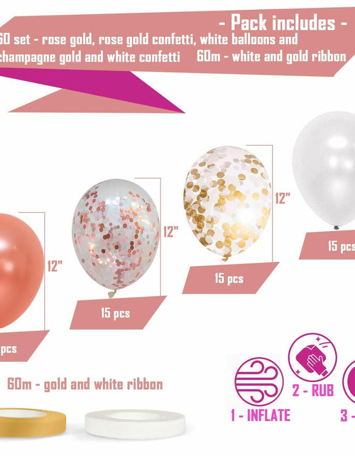 Load image into Gallery viewer, Dandy Decor 60 Pack 12in Rose Gold White Confetti Balloons with Ribbon
