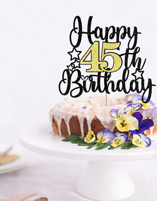 Load image into Gallery viewer, Happy 45th Birthday Cake Topper Black Gold Glitter Cheers to 45 Years
