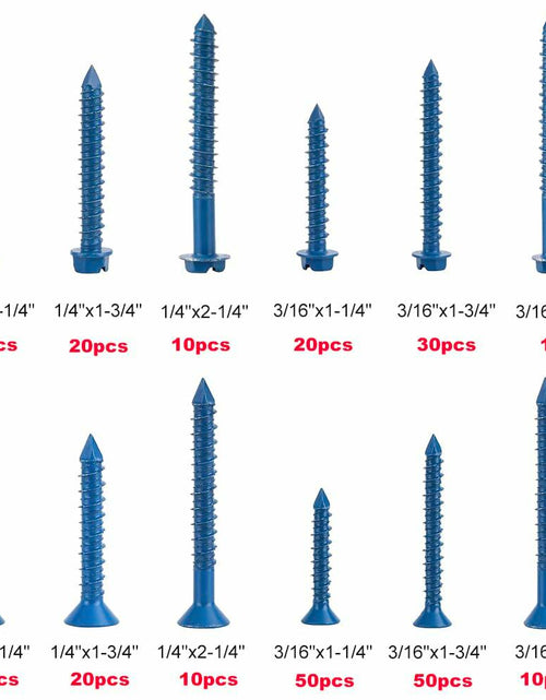 Load image into Gallery viewer, 290PCS Concrete Screws 12 Sizes Flat &amp; Hex Head Masonry Anchors 1.25"-2.25"
