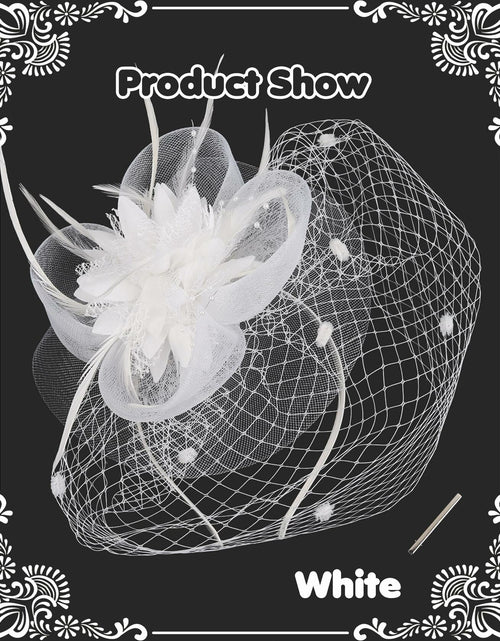 Load image into Gallery viewer, Kidukso Fascinators Hat Vintage 1925s Derby Mesh Veil Feathers White
