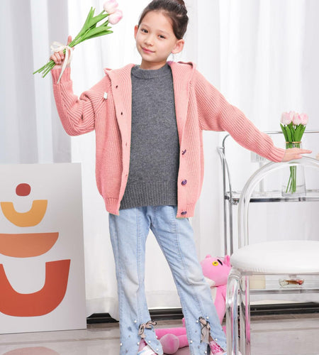 AUTWARM Girls Hooded Cardigan Oversized Knit Sweater Brown Size 5-6Y