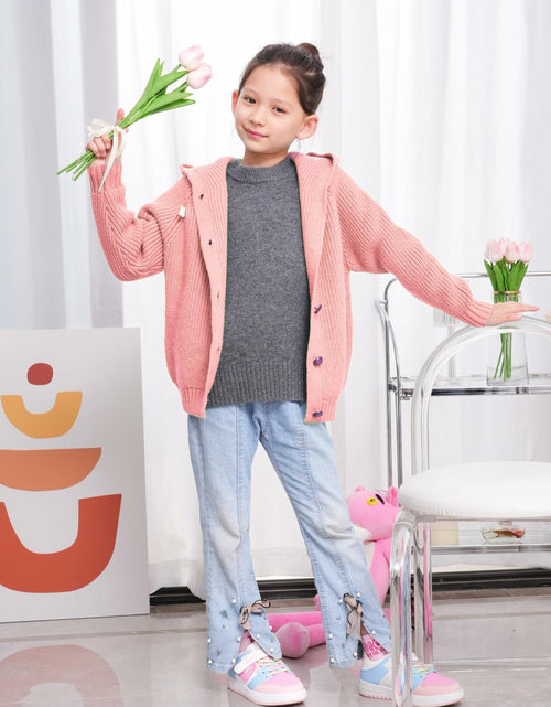 Load image into Gallery viewer, AUTWARM Girls Hooded Cardigan Oversized Knit Sweater Brown Size 5-6Y
