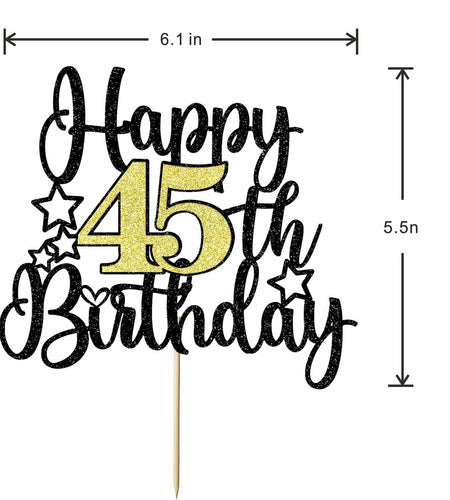 Happy 45th Birthday Cake Topper Black Gold Glitter Cheers to 45 Years