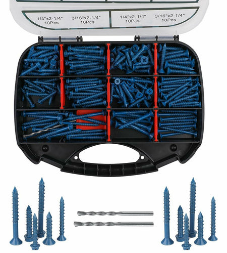 290PCS Concrete Screws 12 Sizes Flat & Hex Head Masonry Anchors 1.25"-2.25"