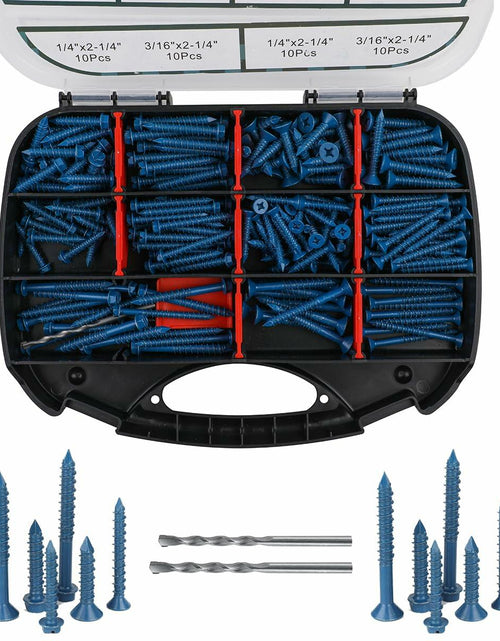 Load image into Gallery viewer, 290PCS Concrete Screws 12 Sizes Flat &amp; Hex Head Masonry Anchors 1.25"-2.25"
