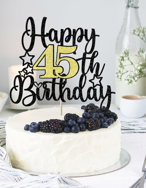 Load image into Gallery viewer, Happy 45th Birthday Cake Topper Black Gold Glitter Cheers to 45 Years

