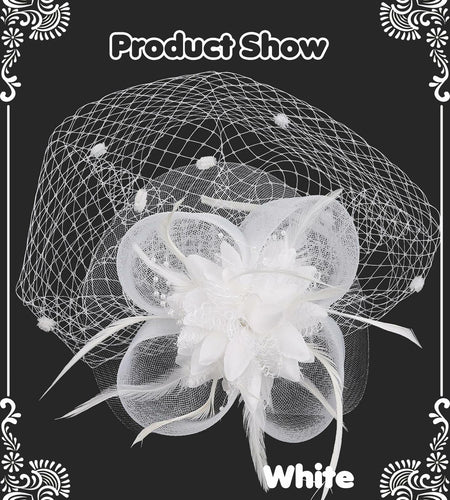 Kidukso Fascinators Hat Vintage 1925s Derby Mesh Veil Feathers White