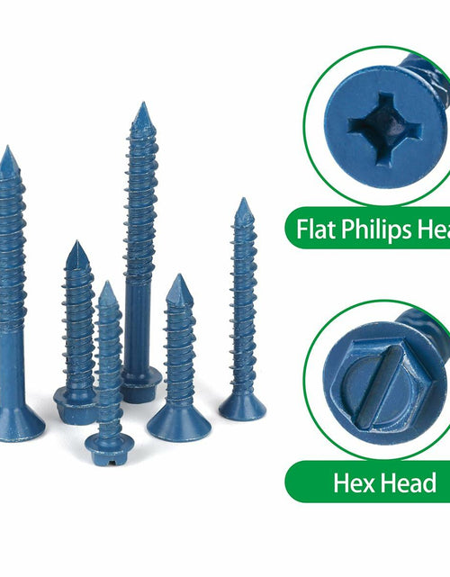 Load image into Gallery viewer, 290PCS Concrete Screws 12 Sizes Flat &amp; Hex Head Masonry Anchors 1.25"-2.25"
