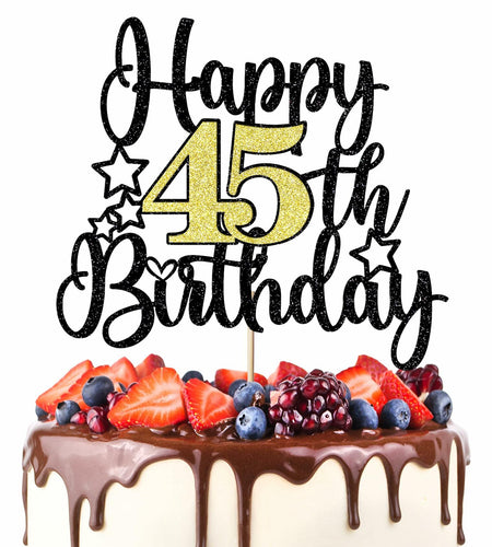 Happy 45th Birthday Cake Topper Black Gold Glitter Cheers to 45 Years