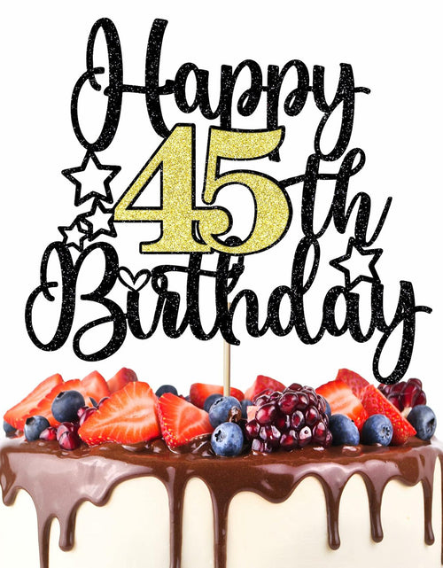 Load image into Gallery viewer, Happy 45th Birthday Cake Topper Black Gold Glitter Cheers to 45 Years
