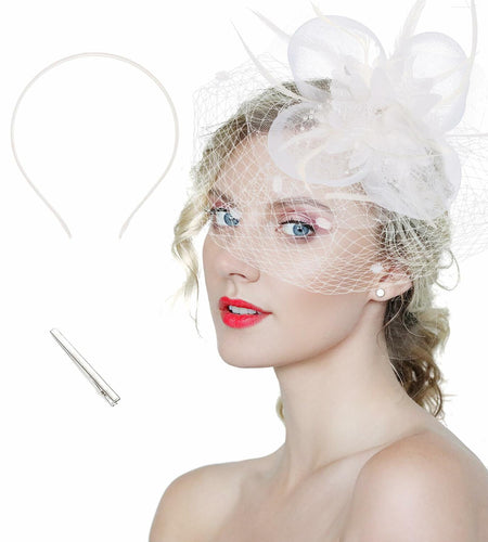 Kidukso Fascinators Hat Vintage 1925s Derby Mesh Veil Feathers White