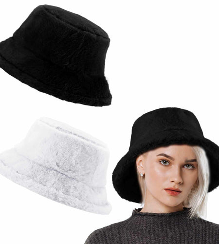 Cozypower 2 Pcs XXL Winter Faux Fur Bucket Hat Unisex Black White