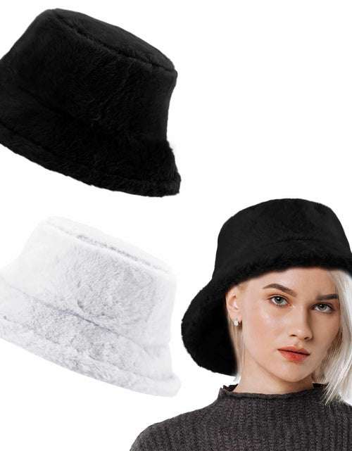 Load image into Gallery viewer, Cozypower 2 Pcs XXL Winter Faux Fur Bucket Hat Unisex Black White

