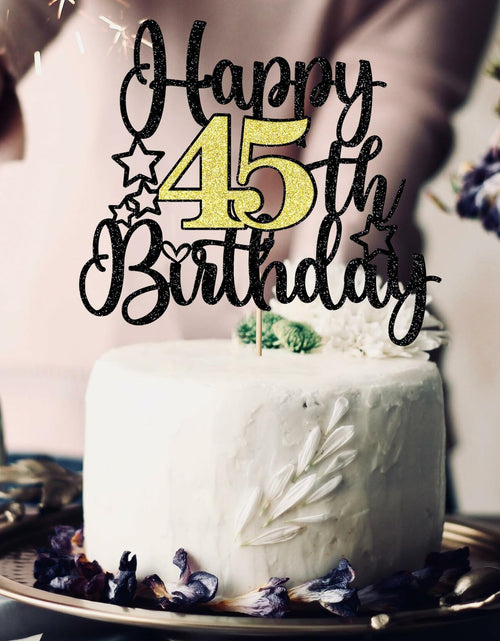Load image into Gallery viewer, Happy 45th Birthday Cake Topper Black Gold Glitter Cheers to 45 Years
