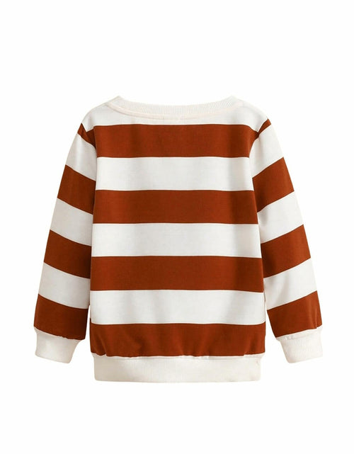 Load image into Gallery viewer, Verdusa Boy's Stripe Print Letter Patchwork Pullover Sweatshirt Brown Size 7Y
