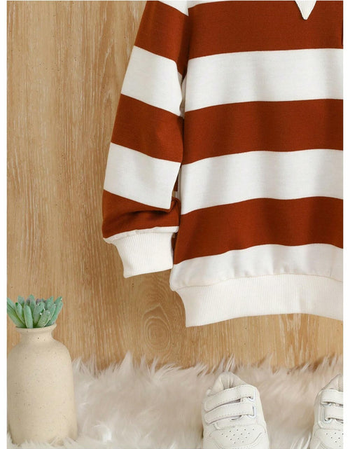 Load image into Gallery viewer, Verdusa Boy's Stripe Print Letter Patchwork Pullover Sweatshirt Brown Size 7Y
