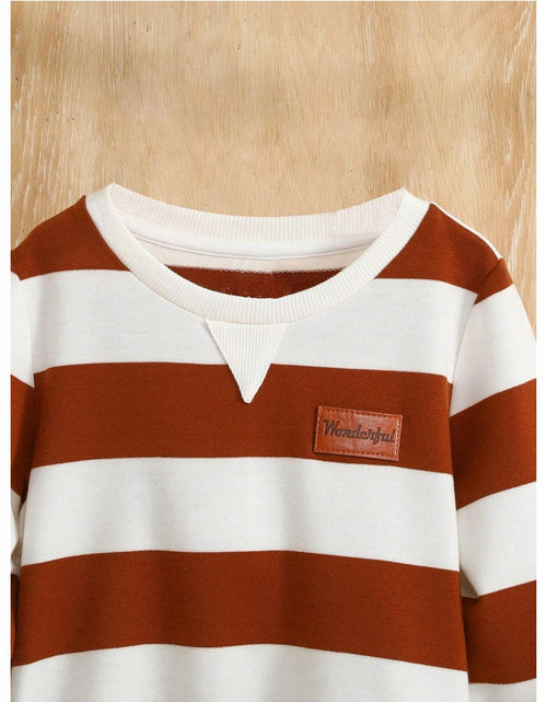 Load image into Gallery viewer, Verdusa Boy's Stripe Print Letter Patchwork Pullover Sweatshirt Brown Size 7Y
