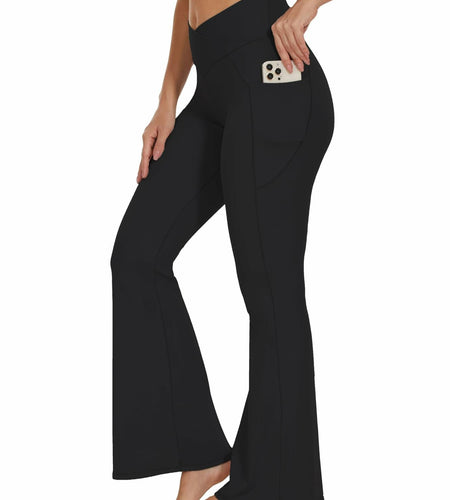Flare Crossover Leggings with Pockets High Waisted Yoga Pants Black XS