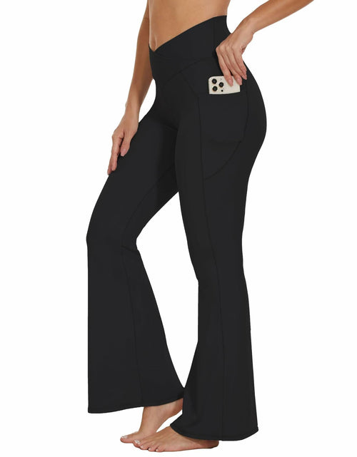Load image into Gallery viewer, Flare Crossover Leggings with Pockets High Waisted Yoga Pants Black XS
