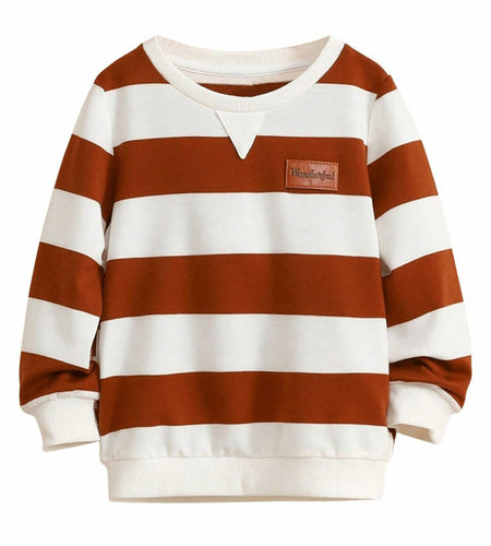Verdusa Boy's Stripe Print Letter Patchwork Pullover Sweatshirt Brown Size 7Y