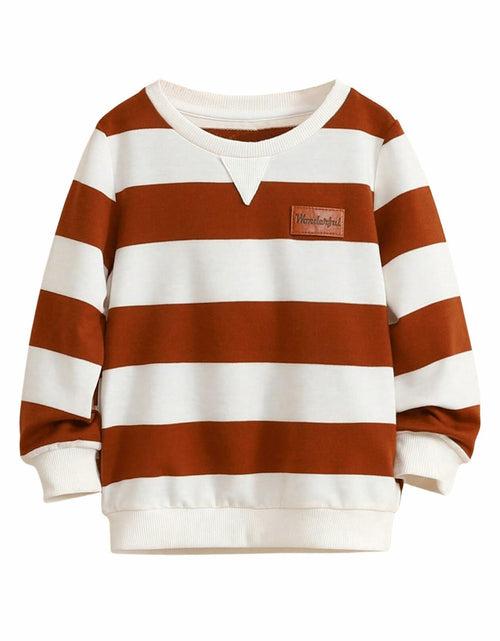 Load image into Gallery viewer, Verdusa Boy's Stripe Print Letter Patchwork Pullover Sweatshirt Brown Size 7Y
