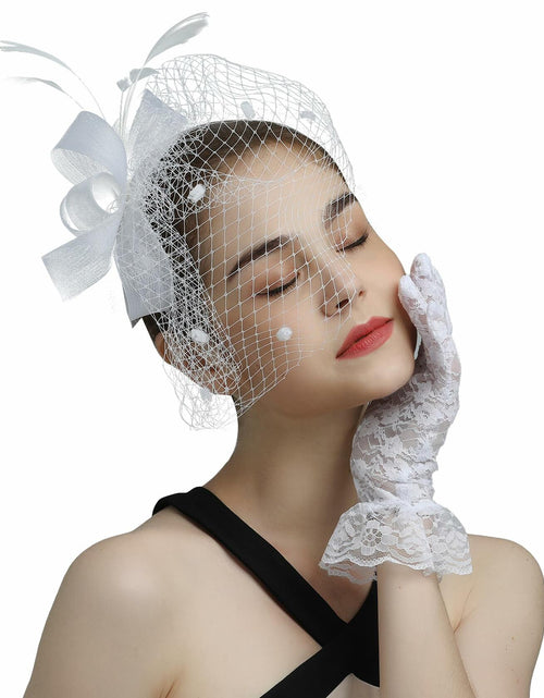 Load image into Gallery viewer, Kidukso Fascinators Hat Vintage 1930s Derby Mesh Veil Feathers White
