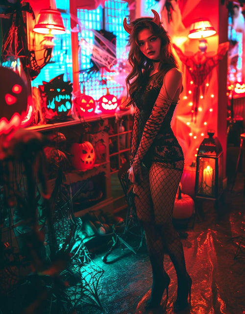 Load image into Gallery viewer, Voiiake Red Devil Horns Headband &amp; Fishnet Thigh High Stockings Set

