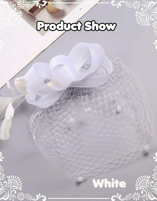 Load image into Gallery viewer, Kidukso Fascinators Hat Vintage 1930s Derby Mesh Veil Feathers White

