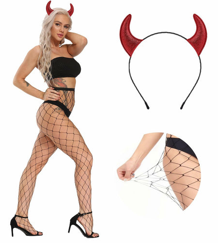Voiiake Red Devil Horns Headband & Fishnet Thigh High Stockings Set